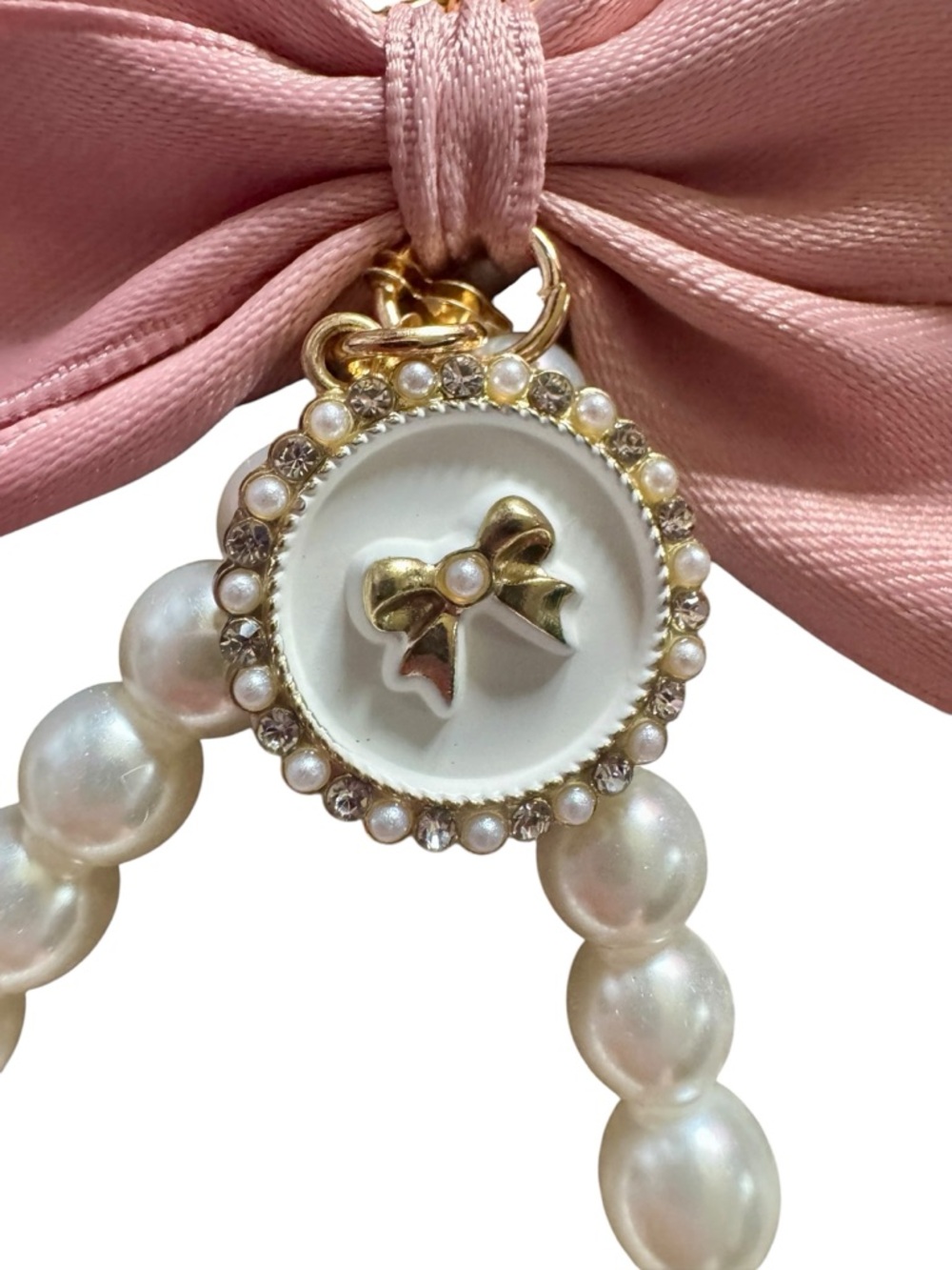 Pink Satin Bow Pearl Keychain Charm - Picture 2 of 2